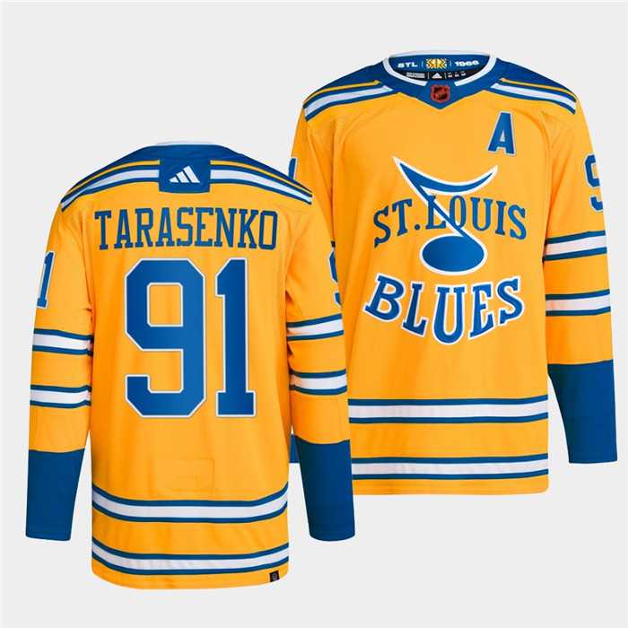 Men%27s St. Louis Blues #91 Vladimir Tarasenko Yellow 2022-23 Reverse Retro Stitched Jersey Dzhi->toronto maple leafs->NHL Jersey